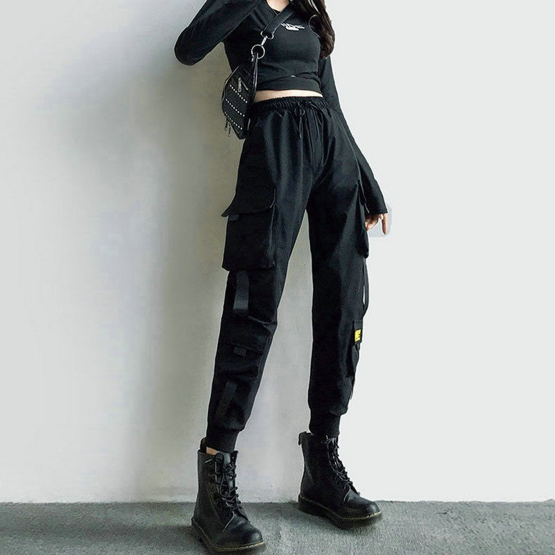 Women's Cargo Pants Black Ribbon Pocket Jogger Elastic Waist High Streetwear Harajuku Pant Punk Females Trousers Harem Pants