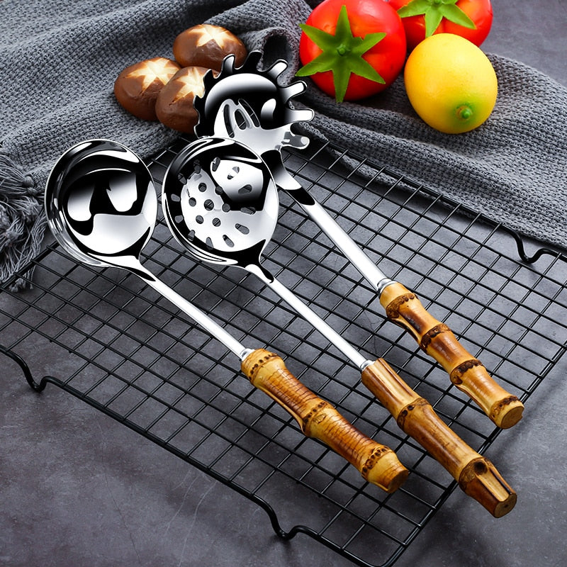 Metal Colander Stainless Steel Spoon Noodle Spoon Colander Bamboo Handle Practical Pasta Tools Soup Scoop Kitchen Accessories