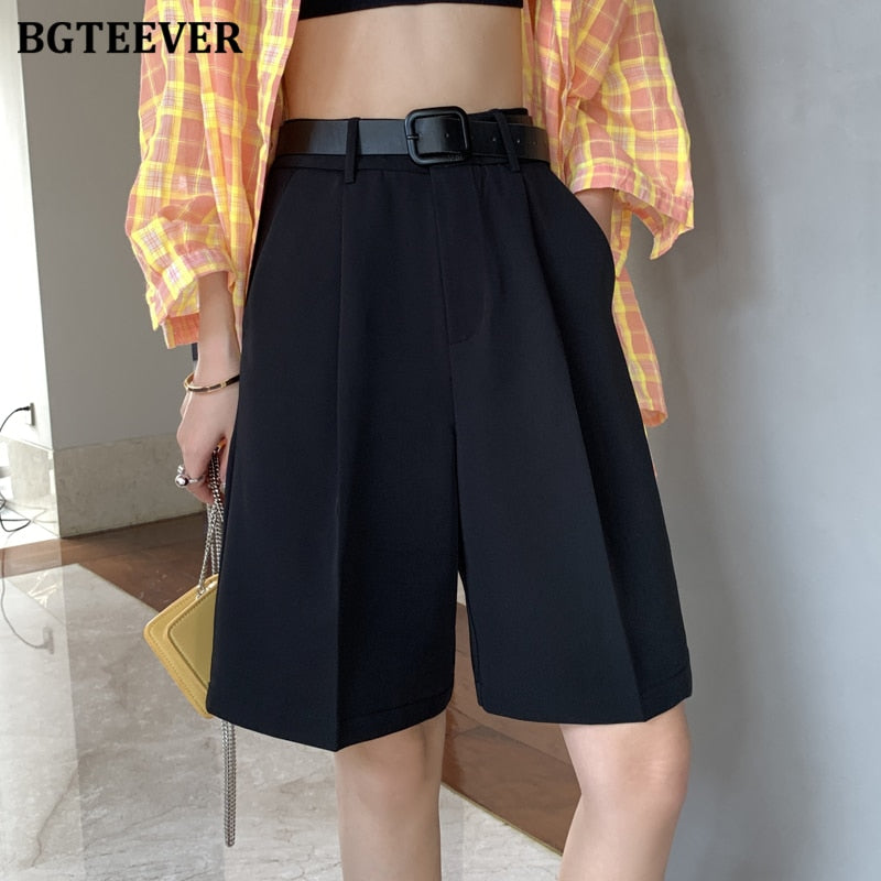 BGTEEVER Fashion High Waist Women Shorts Casual Half- length Sashes Belted Women Loose Shorts Pockets 2021 Spring Summer