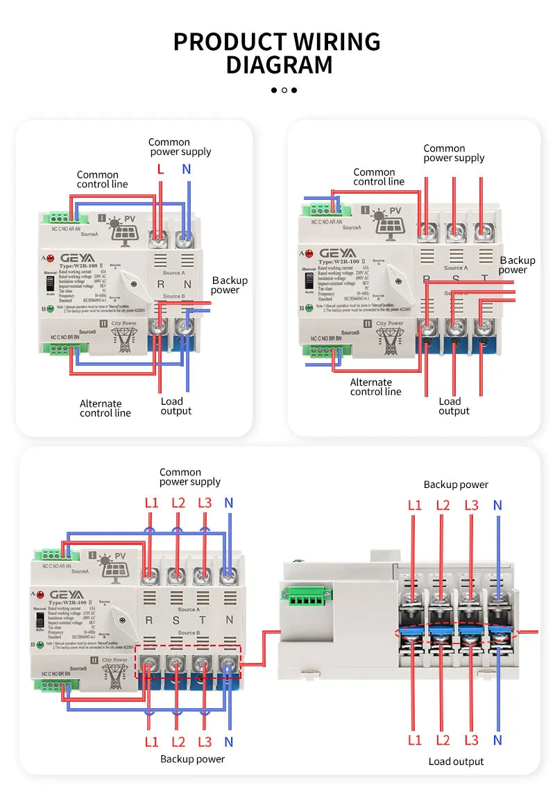 GEYA on-Grid Solar Power Automatic Transfer Switch Din Rail 2P 3P 4P 63A 100A AC220V ATS PV System Power to City Power W2R