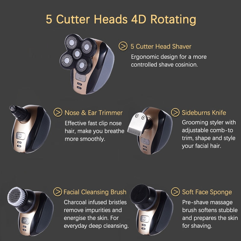 5 In 1 Electric Shaver For Men Bald Head Polish Hair Clipper Trimmer Floating 5 Blade Heads Shaving Machine Rechargeable Razors