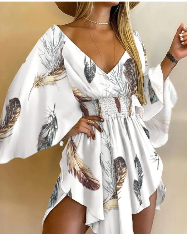 Women Fashion New Feather Print Batwing Sleeve Asymmetrical Dress