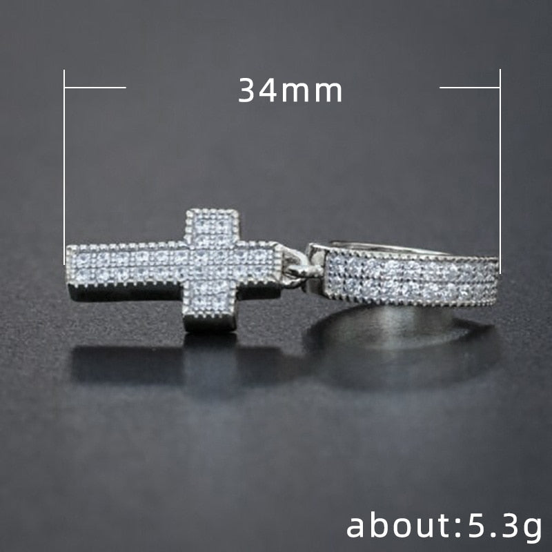 Silver Color Cross Stud Earrings with Bling Zircon Stone for Man Women Hip Hop Fashion Jewelry 2021 New