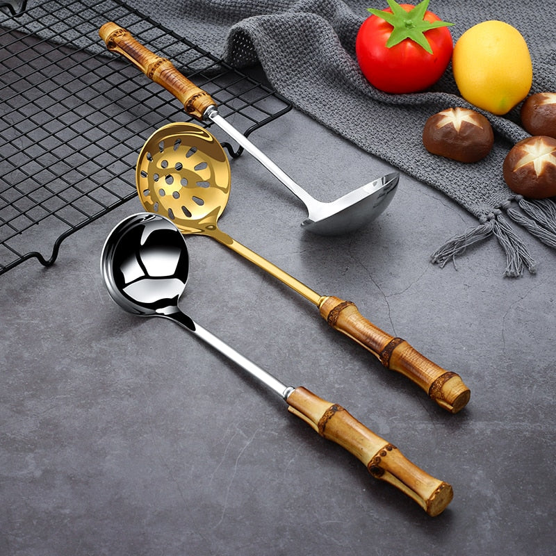 Metal Colander Stainless Steel Spoon Noodle Spoon Colander Bamboo Handle Practical Pasta Tools Soup Scoop Kitchen Accessories