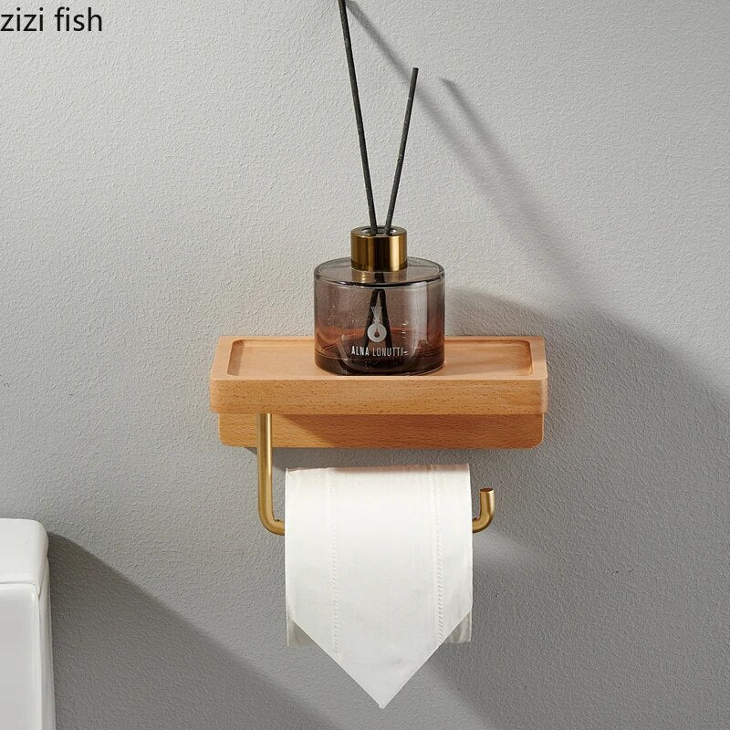 Toilet Roll Holder Brass Wood Napkin Holder Tissue Box Toilet Paper Holders Home Wall-mounted Storage Rack Paper Towel Holder