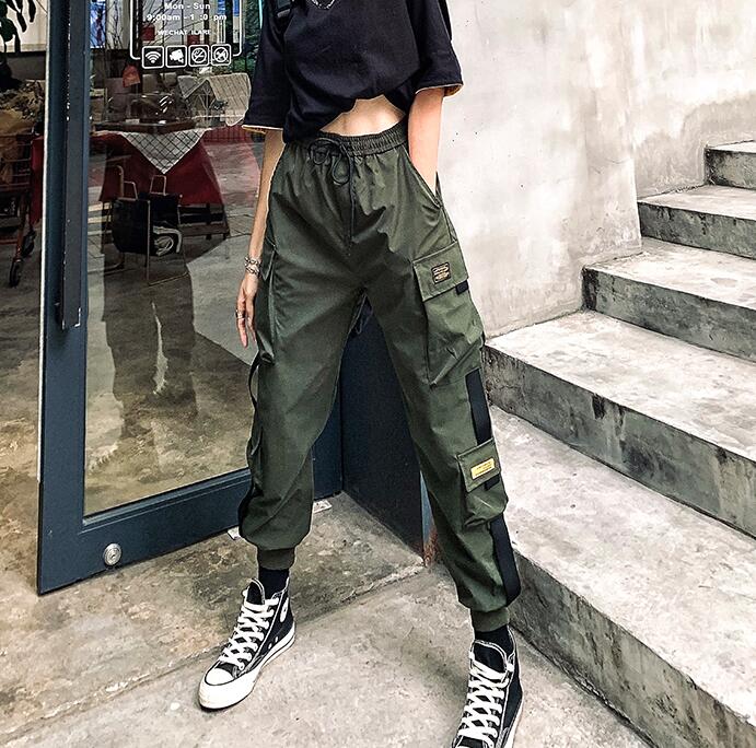 Women's Cargo Pants Black Ribbon Pocket Jogger Elastic Waist High Streetwear Harajuku Pant Punk Females Trousers Harem Pants