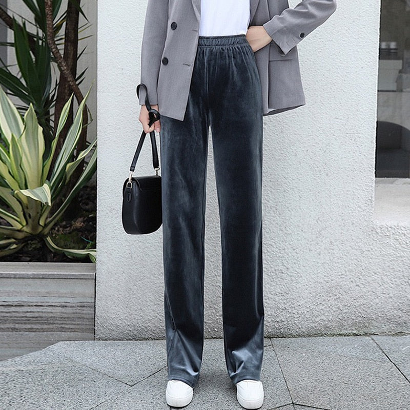 Women's Pants Straight Female Trousers Wide Leg Korean Style Fashion Streetwear Vintage Velvet Casual Loose Pants Suits Office
