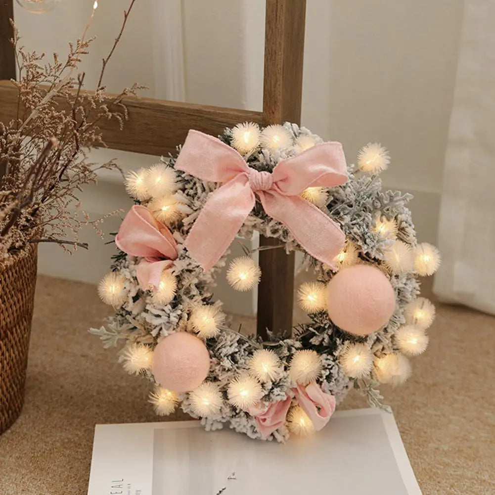 30CM Christmas Artificial Rattan Flower Door Hanging Wreath with String Light Wall Decoration for Home Festival Party #EW