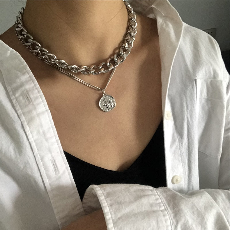 Vintage Geschnitzt Münze Dicke Kette OT Schnalle Halskette Bohemian Punk Metall Münze Kragen Halsband Halskette Mode Frauen Punk Schmuck