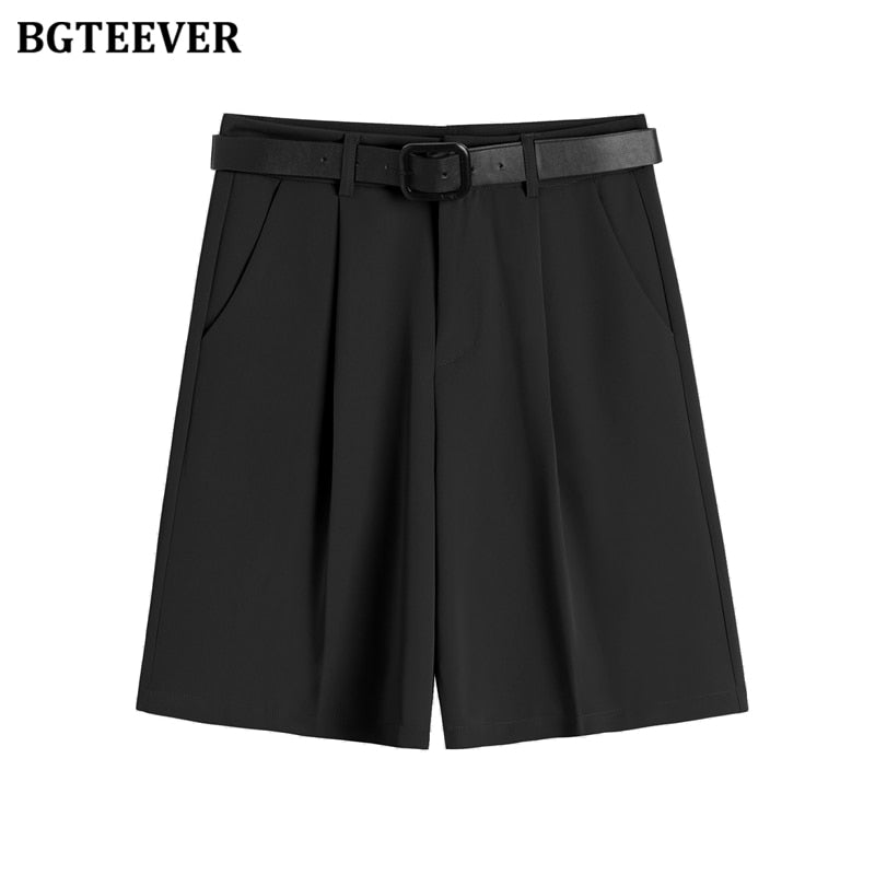 BGTEEVER Fashion High Waist Women Shorts Casual Half- length Sashes Belted Women Loose Shorts Pockets 2021 Spring Summer