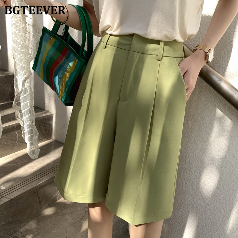 BGTEEVER Fashion High Waist Women Shorts Casual Half- length Sashes Belted Women Loose Shorts Pockets 2021 Spring Summer
