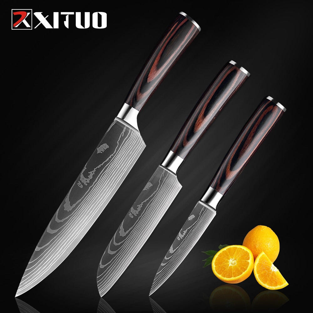 XITUO Kitchen Knife Japanese Knife Cooking Set 3" 5" 7" 8" inch+Laser Damascus Pattern Paring Fruit Vege Chef Knife Kitchen Tool