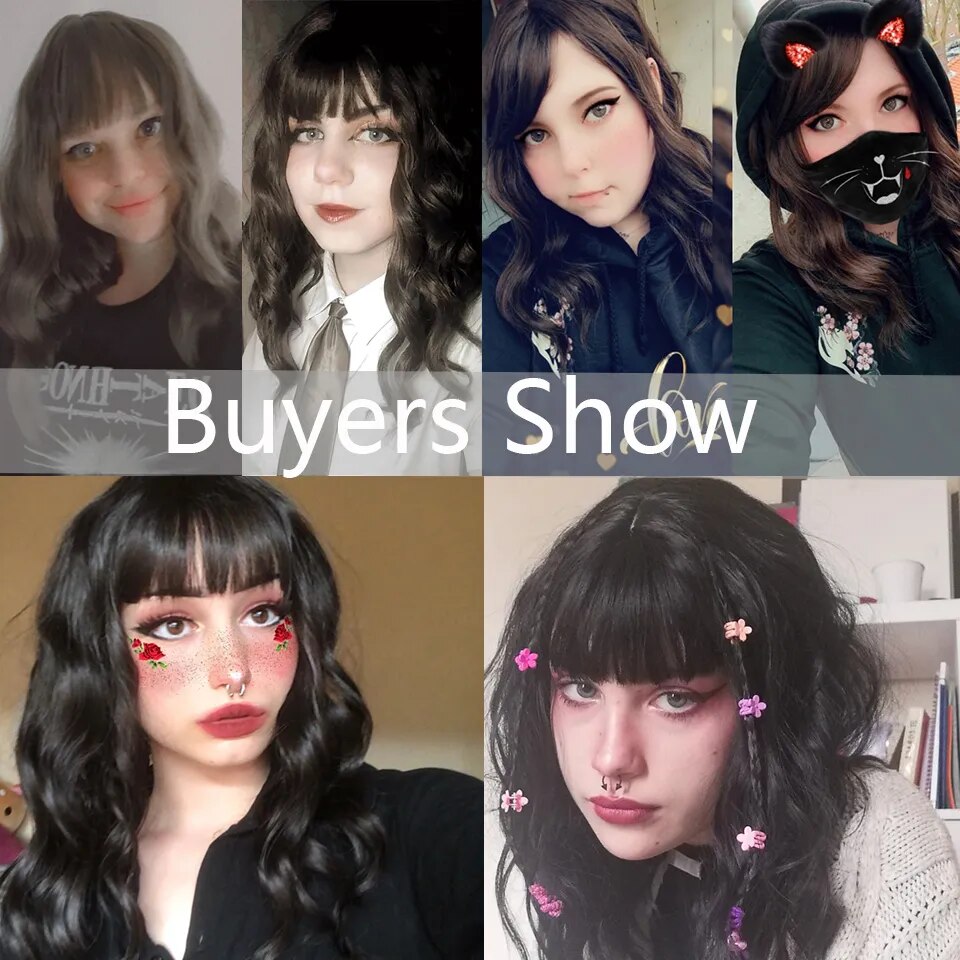 SHANGKE Synthetic Wigs For Women Daily Cosplay Long Water Wave  Lolita Wig With Bangs Cold Brown Heat Resistant Hair Bob Wig