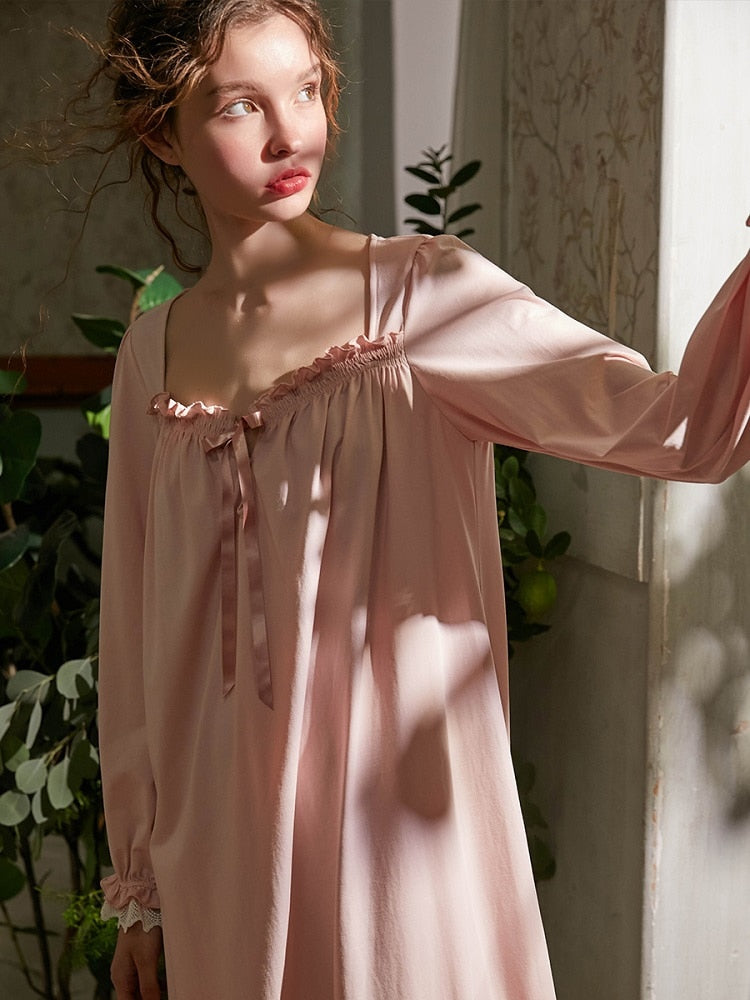 Vintage Cotton Women's Long Nightgowns Long Sleeve Elegant Autumn Spring Female Princess Sexy Loose Nightshirts