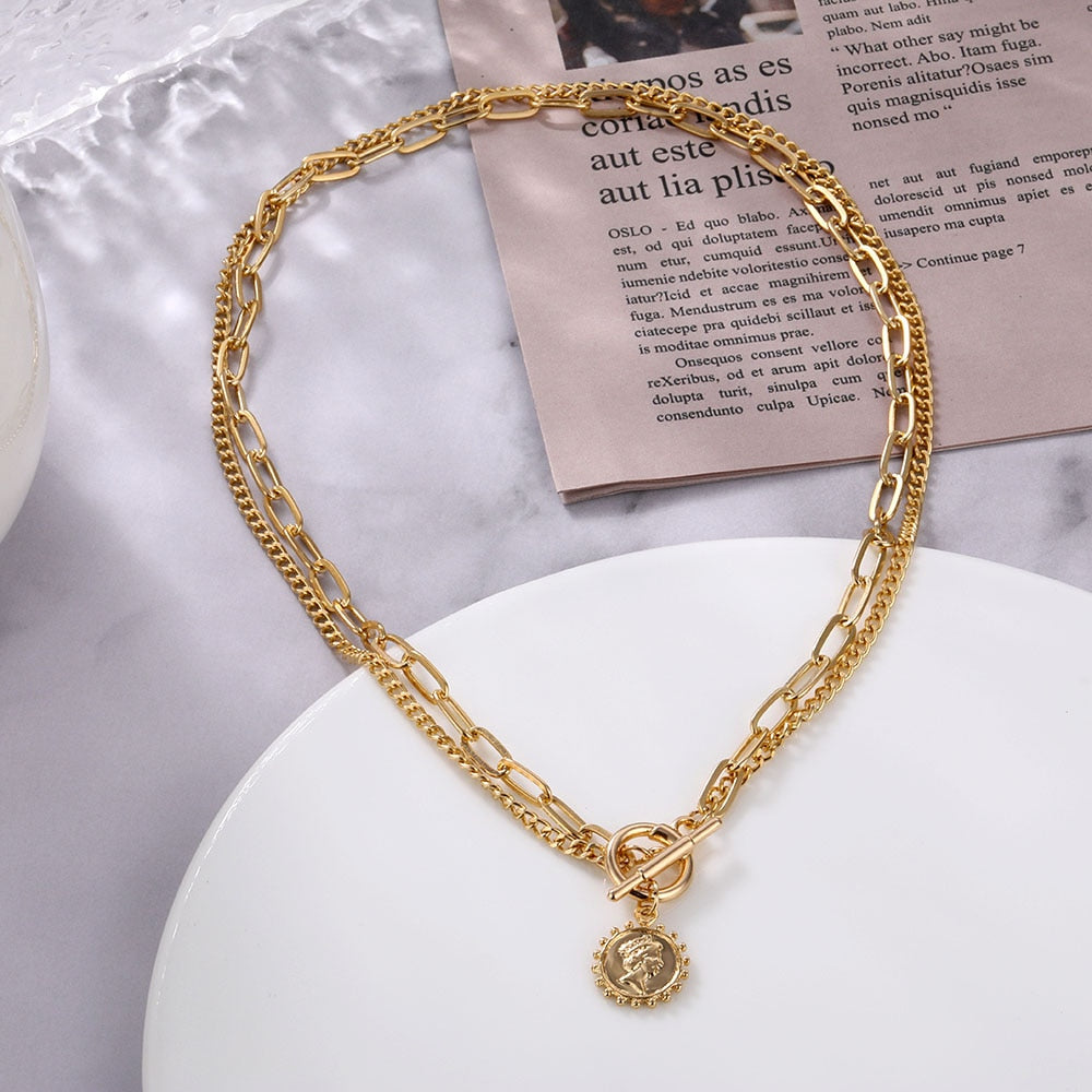 Vintage Geschnitzt Münze Dicke Kette OT Schnalle Halskette Bohemian Punk Metall Münze Kragen Halsband Halskette Mode Frauen Punk Schmuck