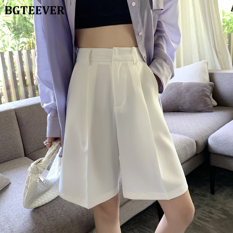 BGTEEVER Fashion High Waist Women Shorts Casual Half- length Sashes Belted Women Loose Shorts Pockets 2021 Spring Summer