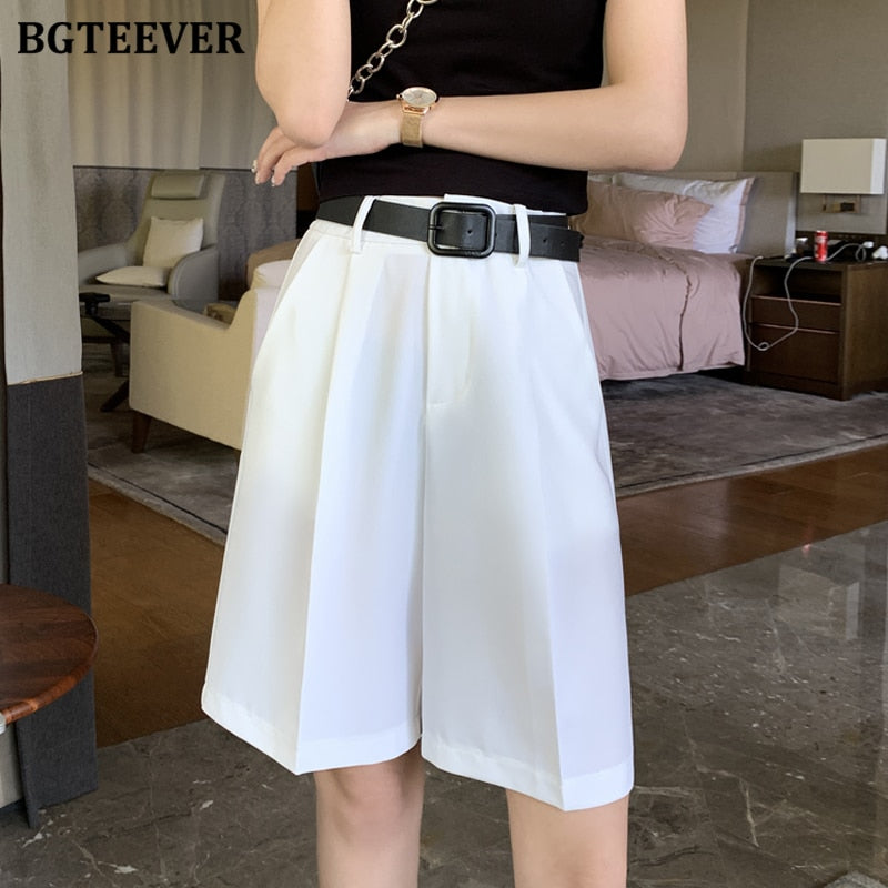 BGTEEVER Fashion High Waist Women Shorts Casual Half- length Sashes Belted Women Loose Shorts Pockets 2021 Spring Summer