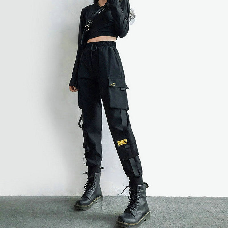 Women's Cargo Pants Black Ribbon Pocket Jogger Elastic Waist High Streetwear Harajuku Pant Punk Females Trousers Harem Pants