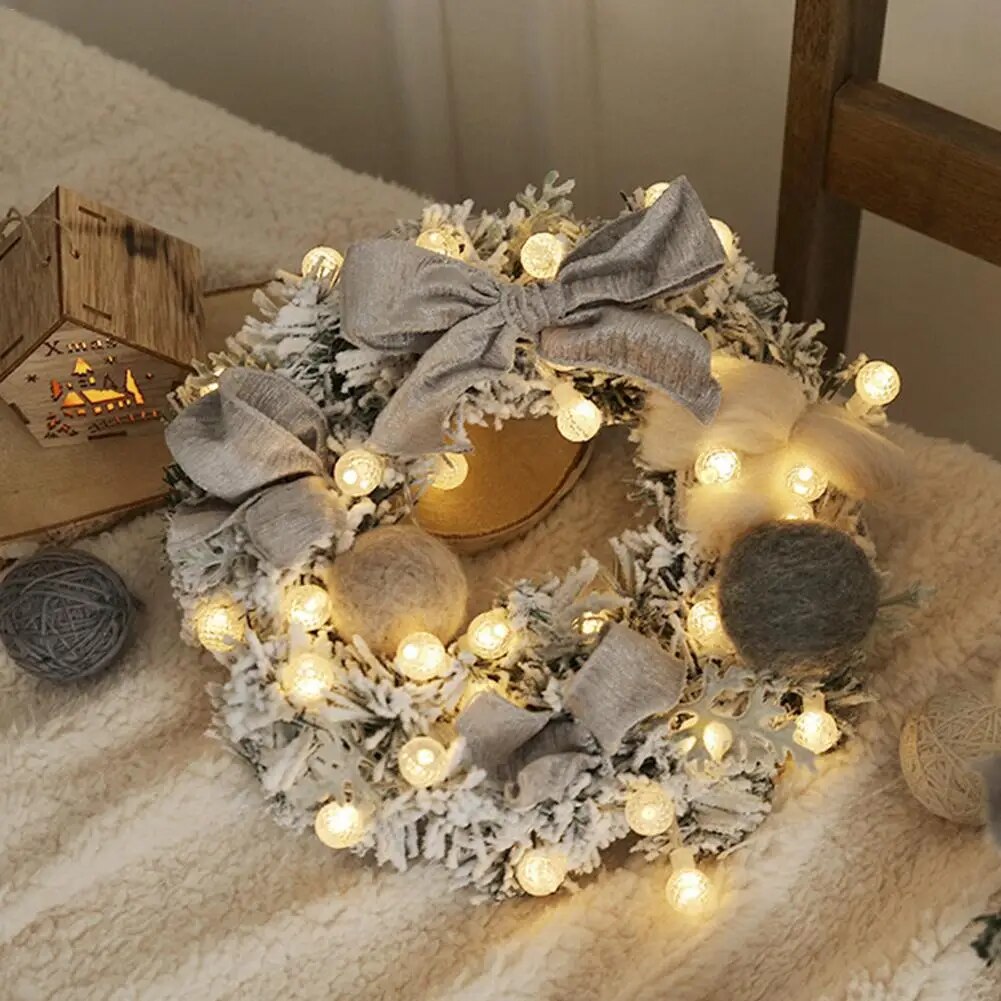 30CM Christmas Artificial Rattan Flower Door Hanging Wreath with String Light Wall Decoration for Home Festival Party #EW