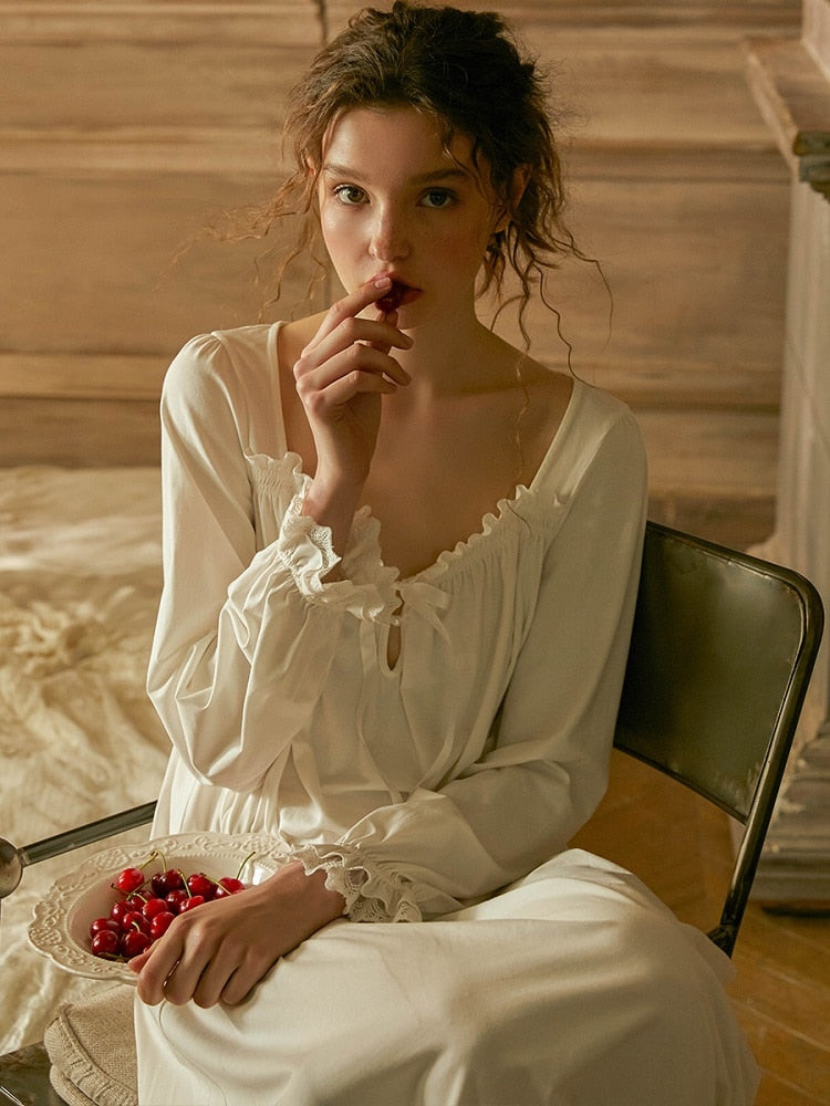 Vintage Cotton Women's Long Nightgowns Long Sleeve Elegant Autumn Spring Female Princess Sexy Loose Nightshirts