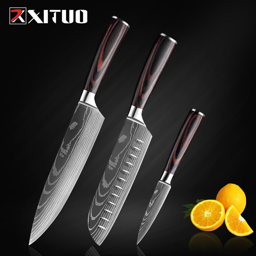 XITUO Kitchen Knife Japanese Knife Cooking Set 3" 5" 7" 8" inch+Laser Damascus Pattern Paring Fruit Vege Chef Knife Kitchen Tool