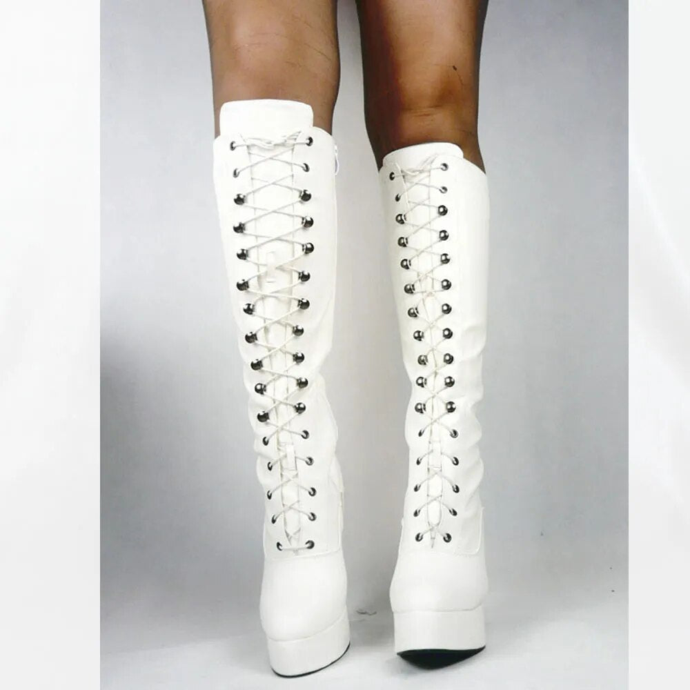 jialuowei Women 5" chunky High heel platform PU Leather lace up Knee-High Solid Zipper Boots - Exotic,Fetish,Sexy,Shoes