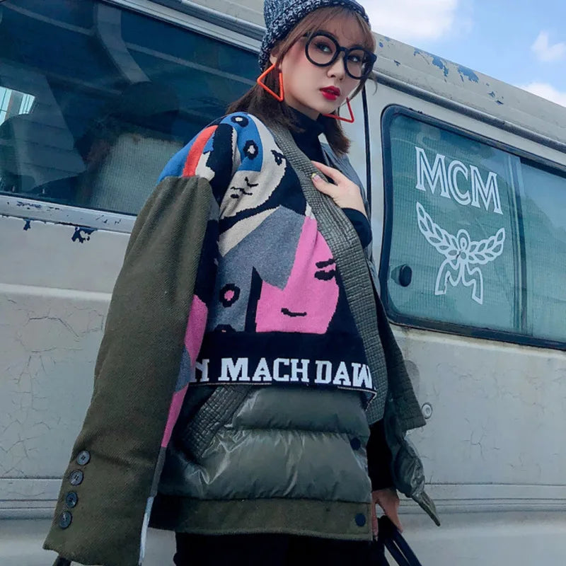 [EWQ]2023 Spring Thickened Minimalist V-neck Long-sleeved Women Loose Short Jackets Panelled Print Cotton Padded Clothes 8D1023
