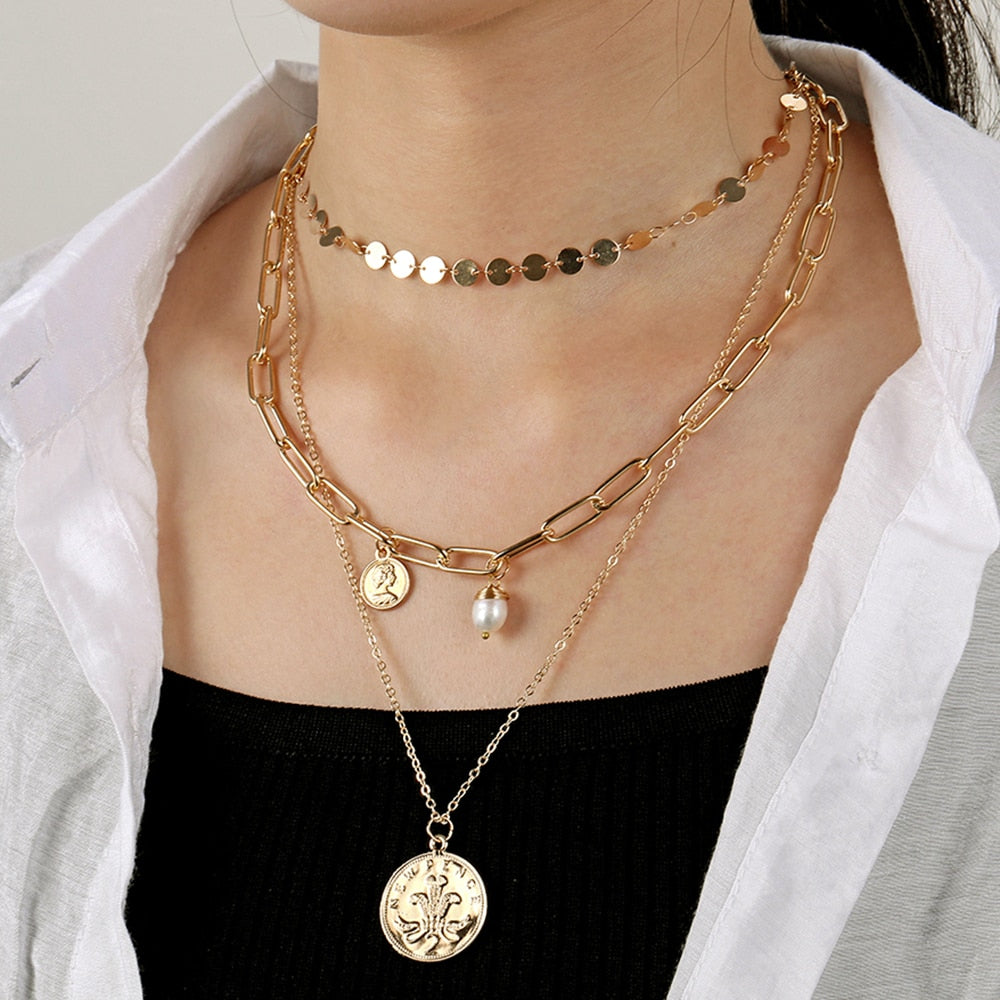 Vintage Geschnitzt Münze Dicke Kette OT Schnalle Halskette Bohemian Punk Metall Münze Kragen Halsband Halskette Mode Frauen Punk Schmuck