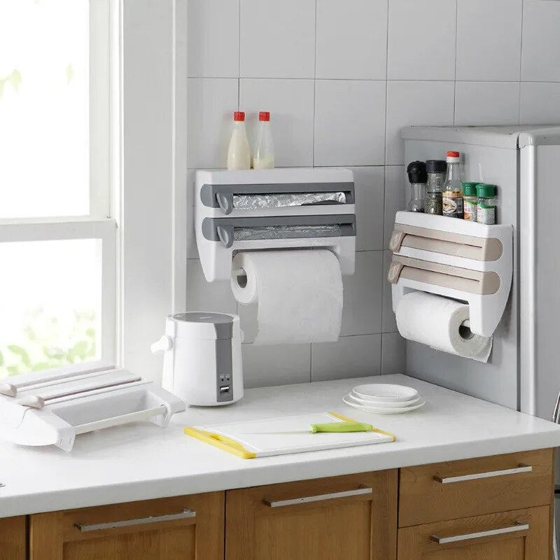 Kitchen Fresh-keeping Film Storage Rack Multi-functional Foil Barbecue Paper Towel Wall Mounted Storage Rack With Cutter