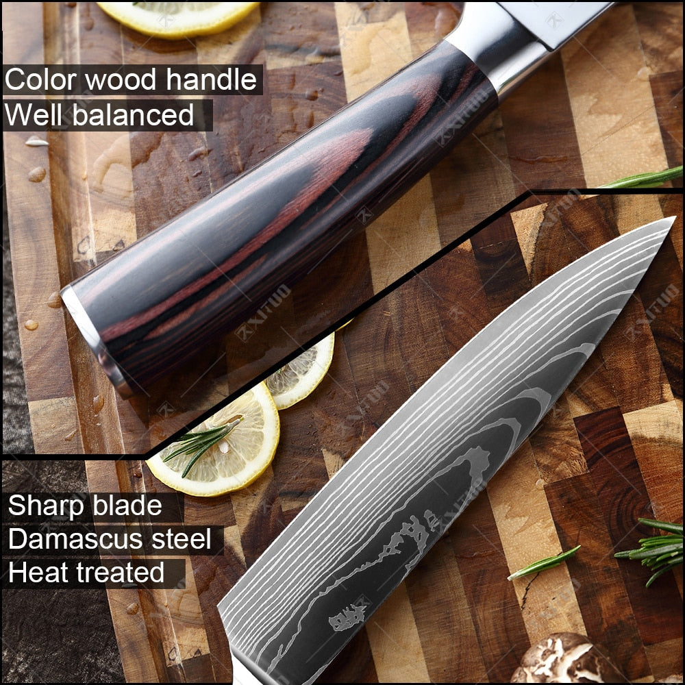 XITUO Kitchen Knife Japanese Knife Cooking Set 3" 5" 7" 8" inch+Laser Damascus Pattern Paring Fruit Vege Chef Knife Kitchen Tool