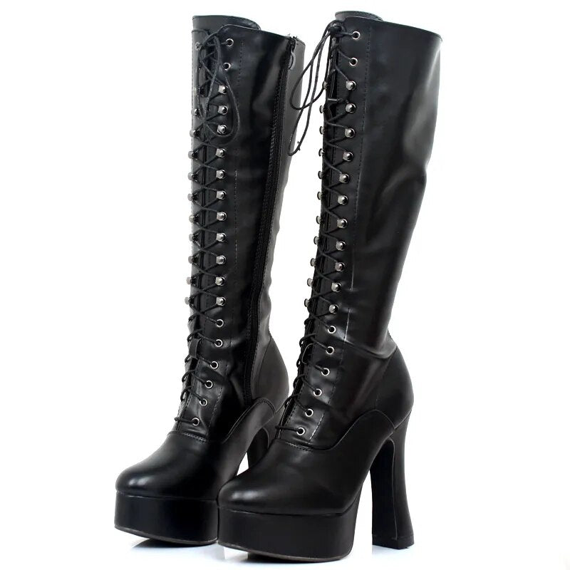 jialuowei Women 5" chunky High heel platform PU Leather lace up Knee-High Solid Zipper Boots - Exotic,Fetish,Sexy,Shoes