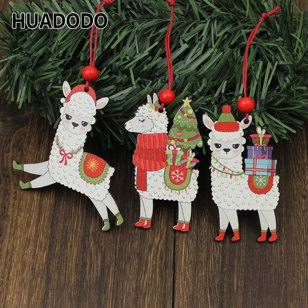 HUADODO 3Pcs Wooden Alpaca Christmas Pendants Ornaments Xmas Tree Hanging Decoration for home New year Decor kids