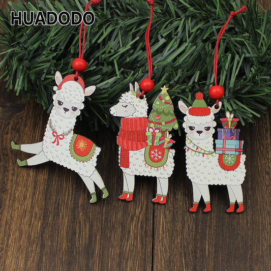 HUADODO 3Pcs Wooden Alpaca Christmas Pendants Ornaments Xmas Tree Hanging Decoration for home New year Decor kids