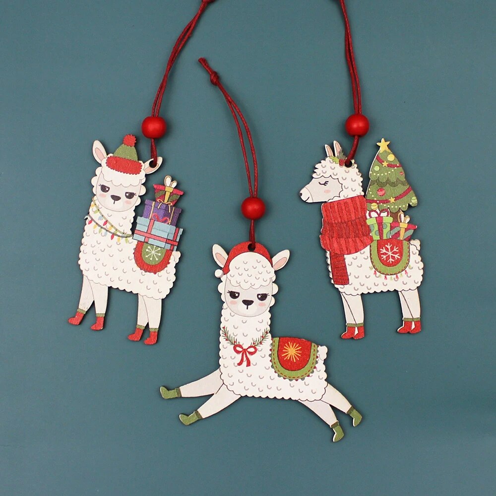 HUADODO 3Pcs Wooden Alpaca Christmas Pendants Ornaments Xmas Tree Hanging Decoration for home New year Decor kids