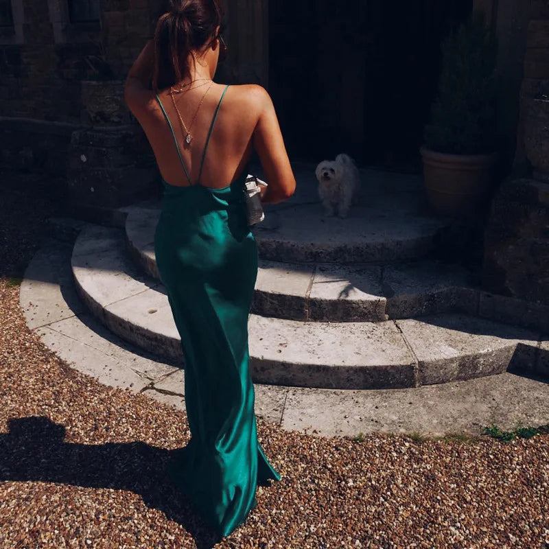 BKLD Elegant Women Maxi Long Satin Evening Party Night Club Dress 2020 Summer Womens Sexy V-neck Spaghetti Strap Open Back Dress