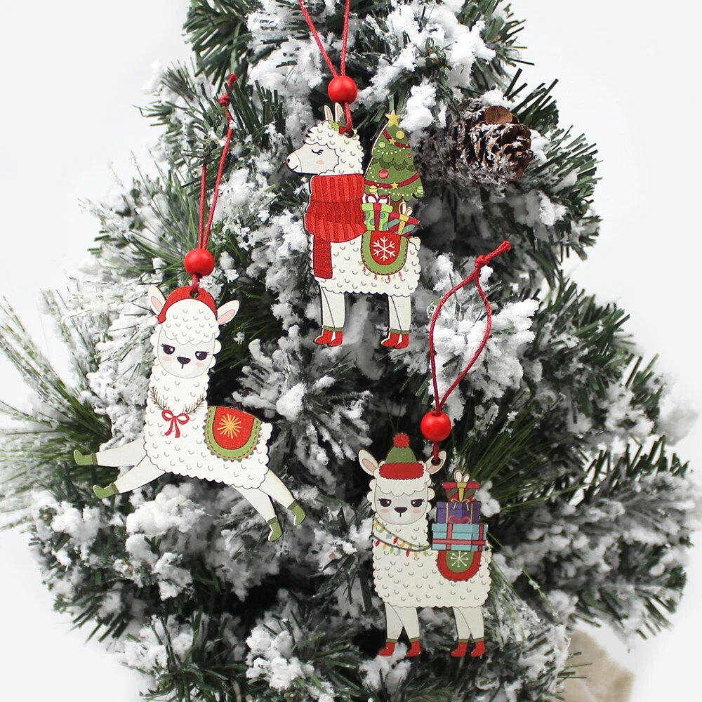HUADODO 3Pcs Wooden Alpaca Christmas Pendants Ornaments Xmas Tree Hanging Decoration for home New year Decor kids