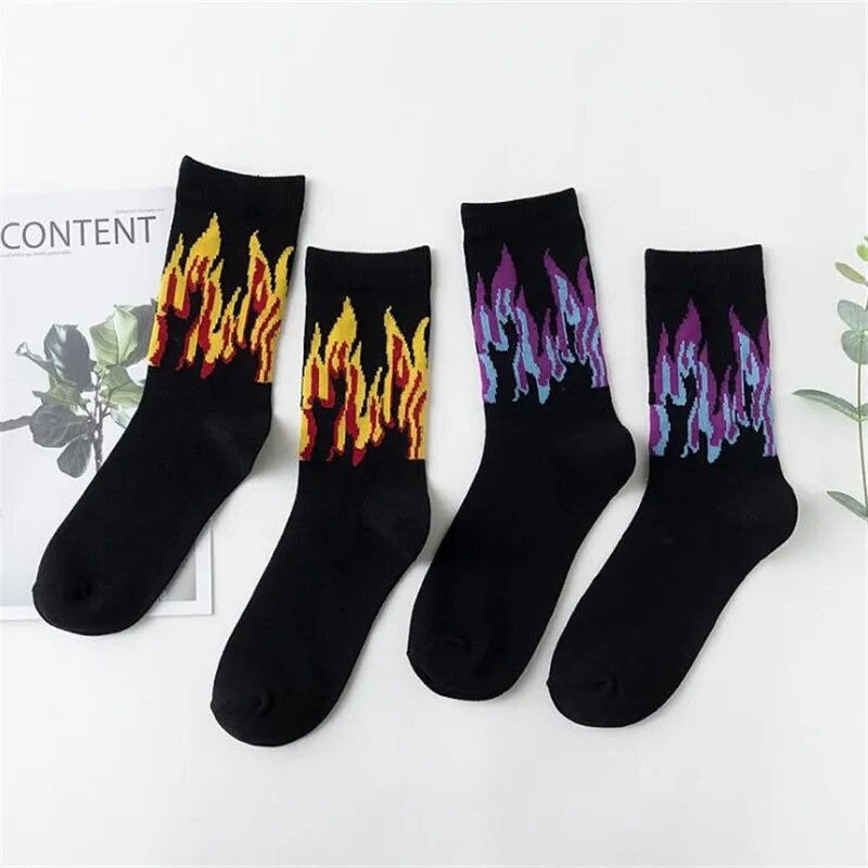 New Winter Men Fashion Flame Pattern Hip Hop Funny Socks Jacquard Harajuku Fire Socks Street Skateboard Cotton Meias Streetwear