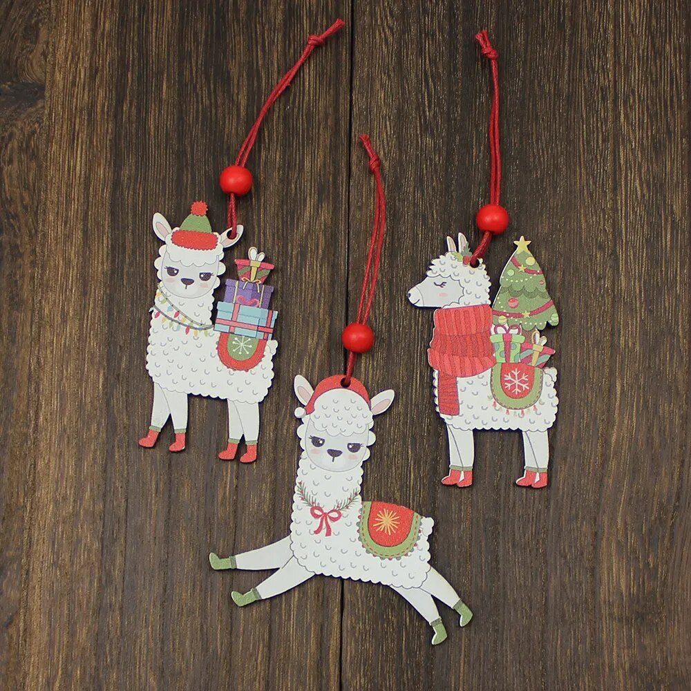HUADODO 3Pcs Wooden Alpaca Christmas Pendants Ornaments Xmas Tree Hanging Decoration for home New year Decor kids