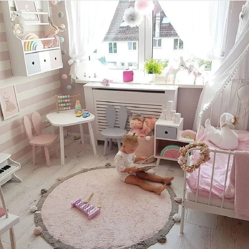 Cotton Round Rug Nordic Soft Fluffy Floor Foot Mat Korean Style Baby Kids Bedroom Home Living Room Carpet Nursery Warm Decor