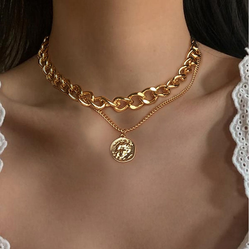 Vintage Geschnitzt Münze Dicke Kette OT Schnalle Halskette Bohemian Punk Metall Münze Kragen Halsband Halskette Mode Frauen Punk Schmuck