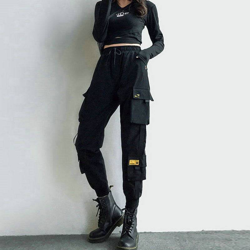 Women's Cargo Pants Black Ribbon Pocket Jogger Elastic Waist High Streetwear Harajuku Pant Punk Females Trousers Harem Pants
