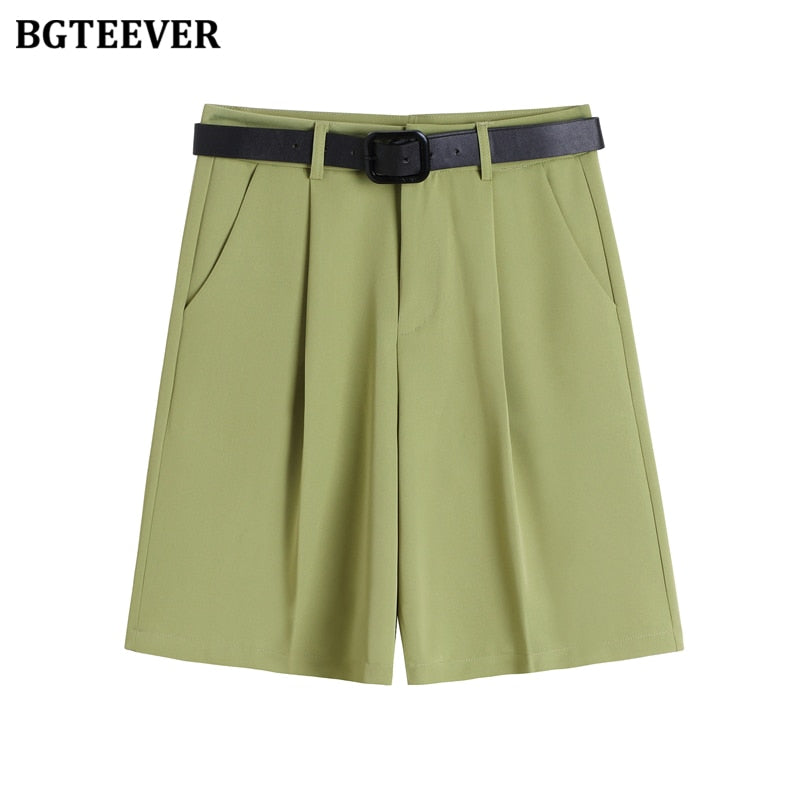 BGTEEVER Fashion High Waist Women Shorts Casual Half- length Sashes Belted Women Loose Shorts Pockets 2021 Spring Summer