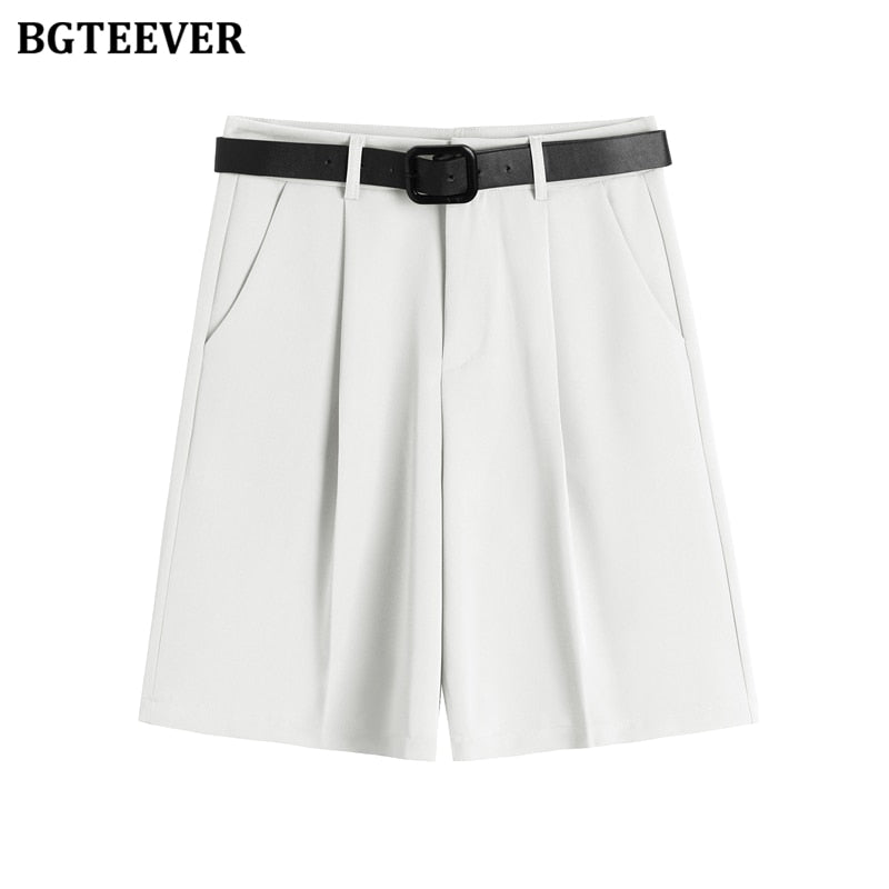 BGTEEVER Fashion High Waist Women Shorts Casual Half- length Sashes Belted Women Loose Shorts Pockets 2021 Spring Summer