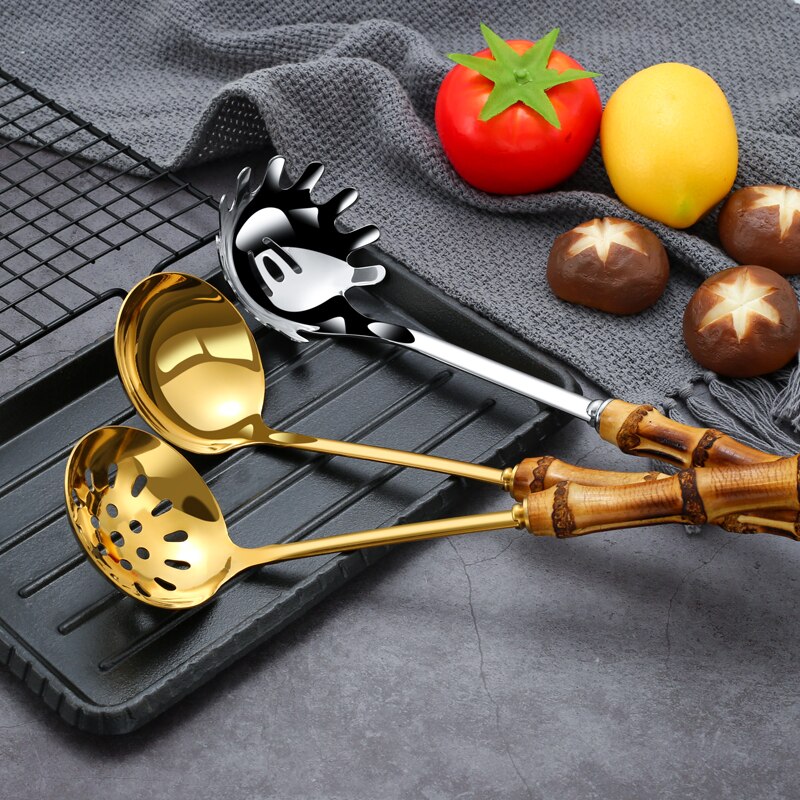 Metal Colander Stainless Steel Spoon Noodle Spoon Colander Bamboo Handle Practical Pasta Tools Soup Scoop Kitchen Accessories