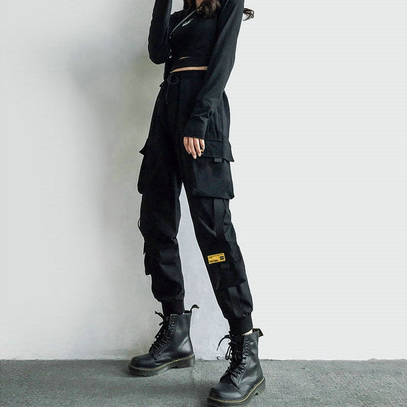 Women's Cargo Pants Black Ribbon Pocket Jogger Elastic Waist High Streetwear Harajuku Pant Punk Females Trousers Harem Pants