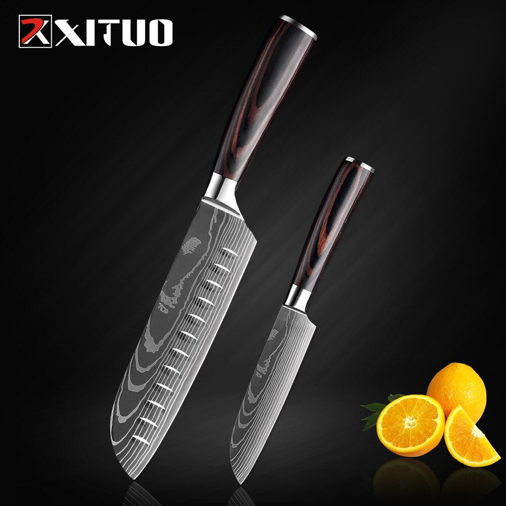 XITUO Kitchen Knife Japanese Knife Cooking Set 3" 5" 7" 8" inch+Laser Damascus Pattern Paring Fruit Vege Chef Knife Kitchen Tool