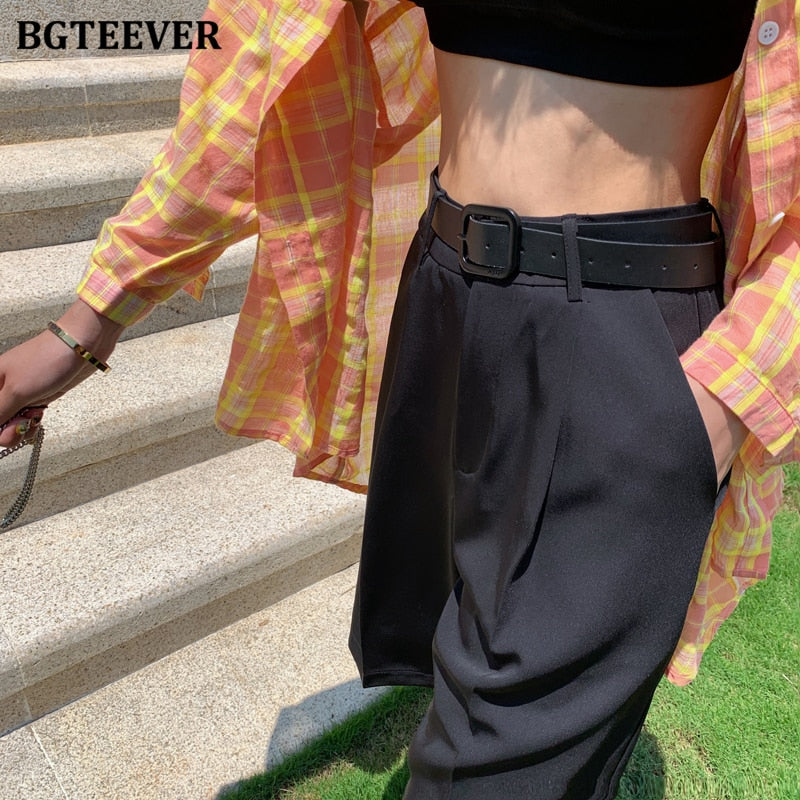 BGTEEVER Fashion High Waist Women Shorts Casual Half- length Sashes Belted Women Loose Shorts Pockets 2021 Spring Summer