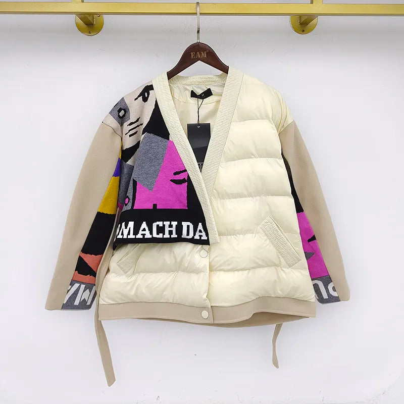 [EWQ]2023 Spring Thickened Minimalist V-neck Long-sleeved Women Loose Short Jackets Panelled Print Cotton Padded Clothes 8D1023