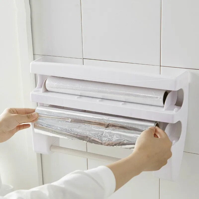 Kitchen Fresh-keeping Film Storage Rack Multi-functional Foil Barbecue Paper Towel Wall Mounted Storage Rack With Cutter