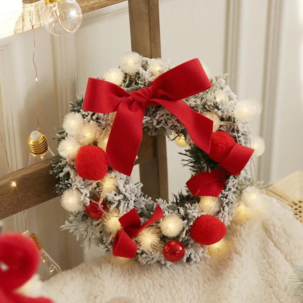 30CM Christmas Artificial Rattan Flower Door Hanging Wreath with String Light Wall Decoration for Home Festival Party #EW